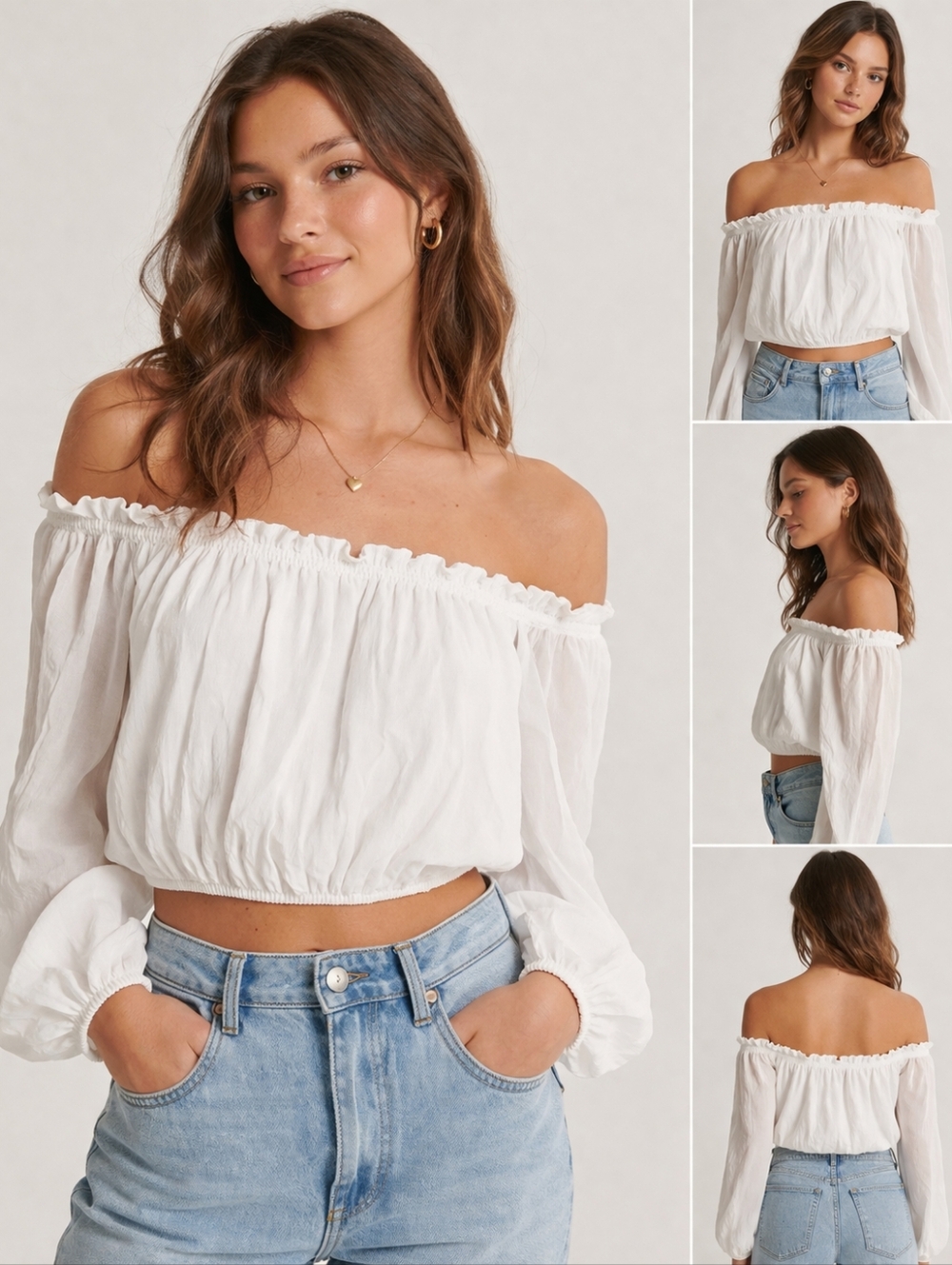 Brandy Melville White Off-Shoulder Long Sleeve Top (One Size)